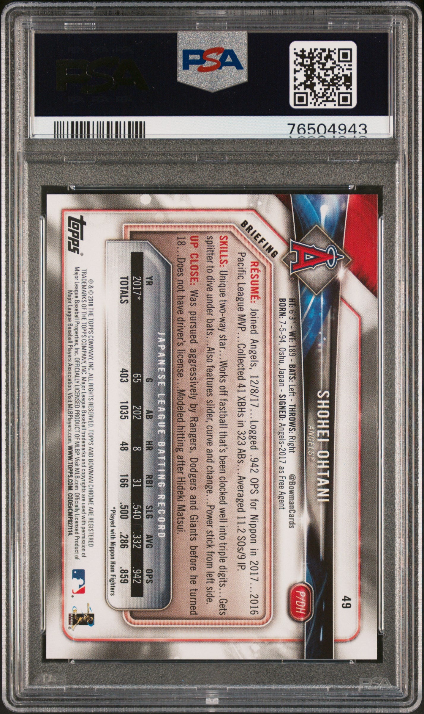 2018 Bowman #49 Shohei Ohtani PSA 10