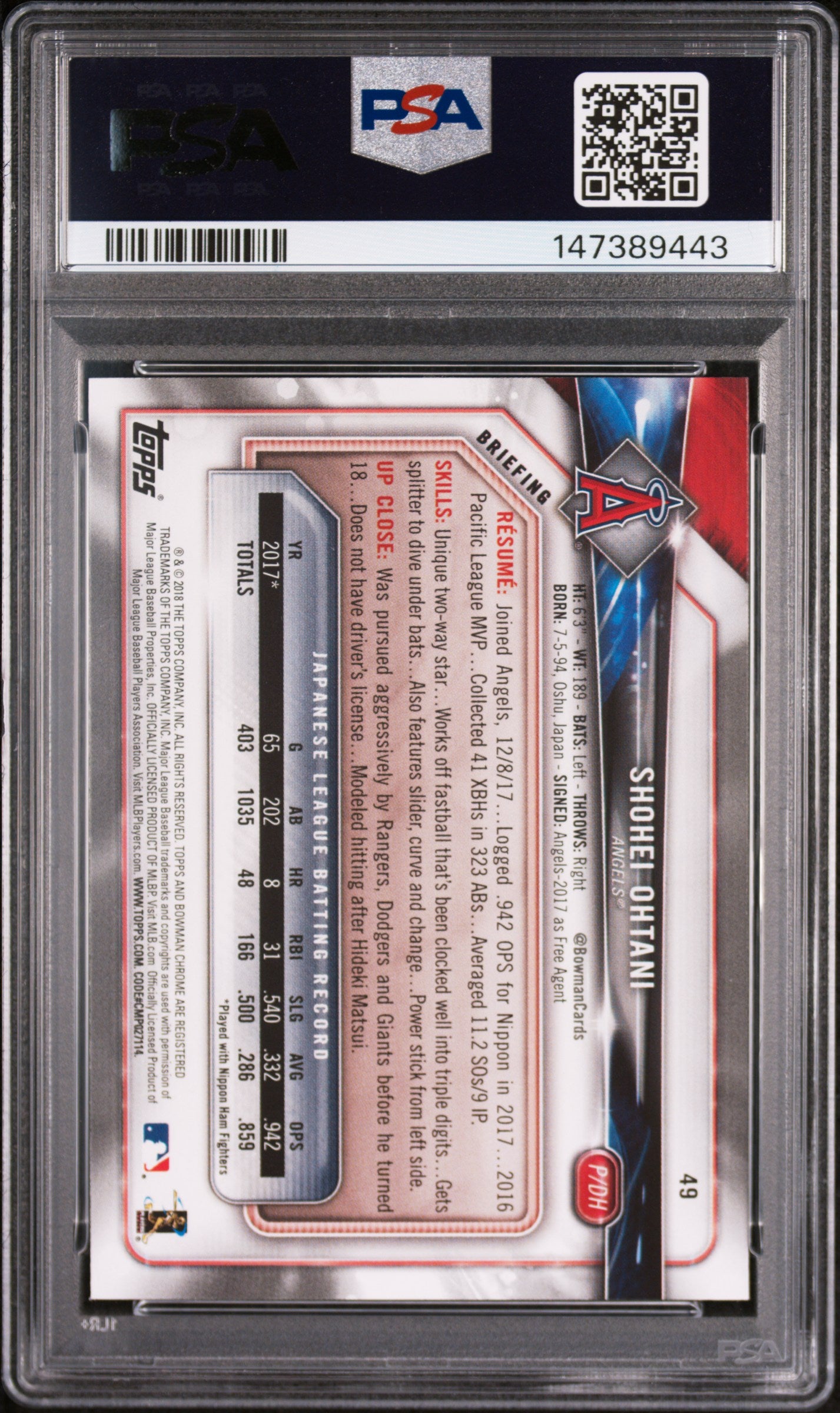2018 Bowman #49 Shohei Ohtani PSA 8