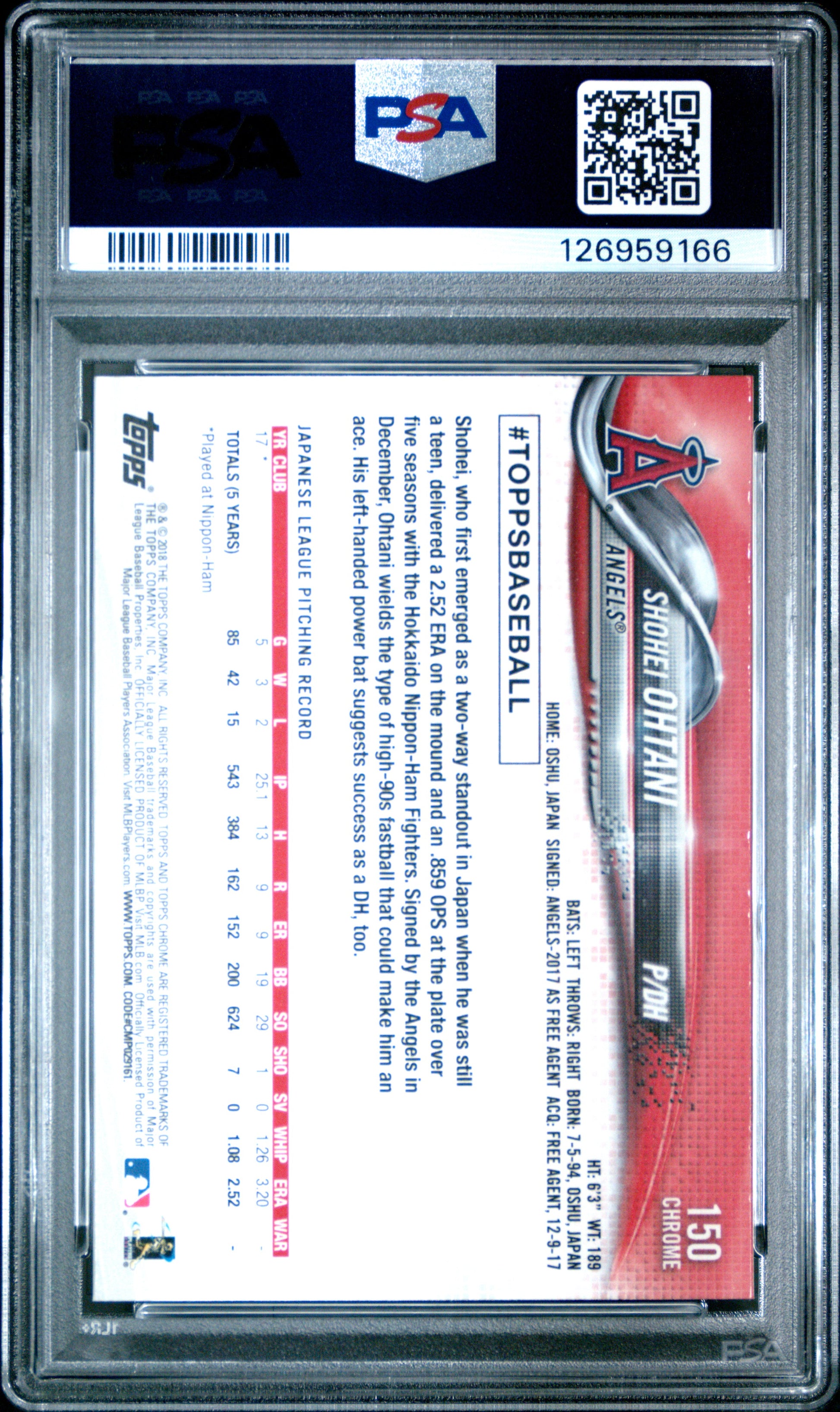 2018 Topps Chrome Pitching Shohei Ohtani #150 PSA 10