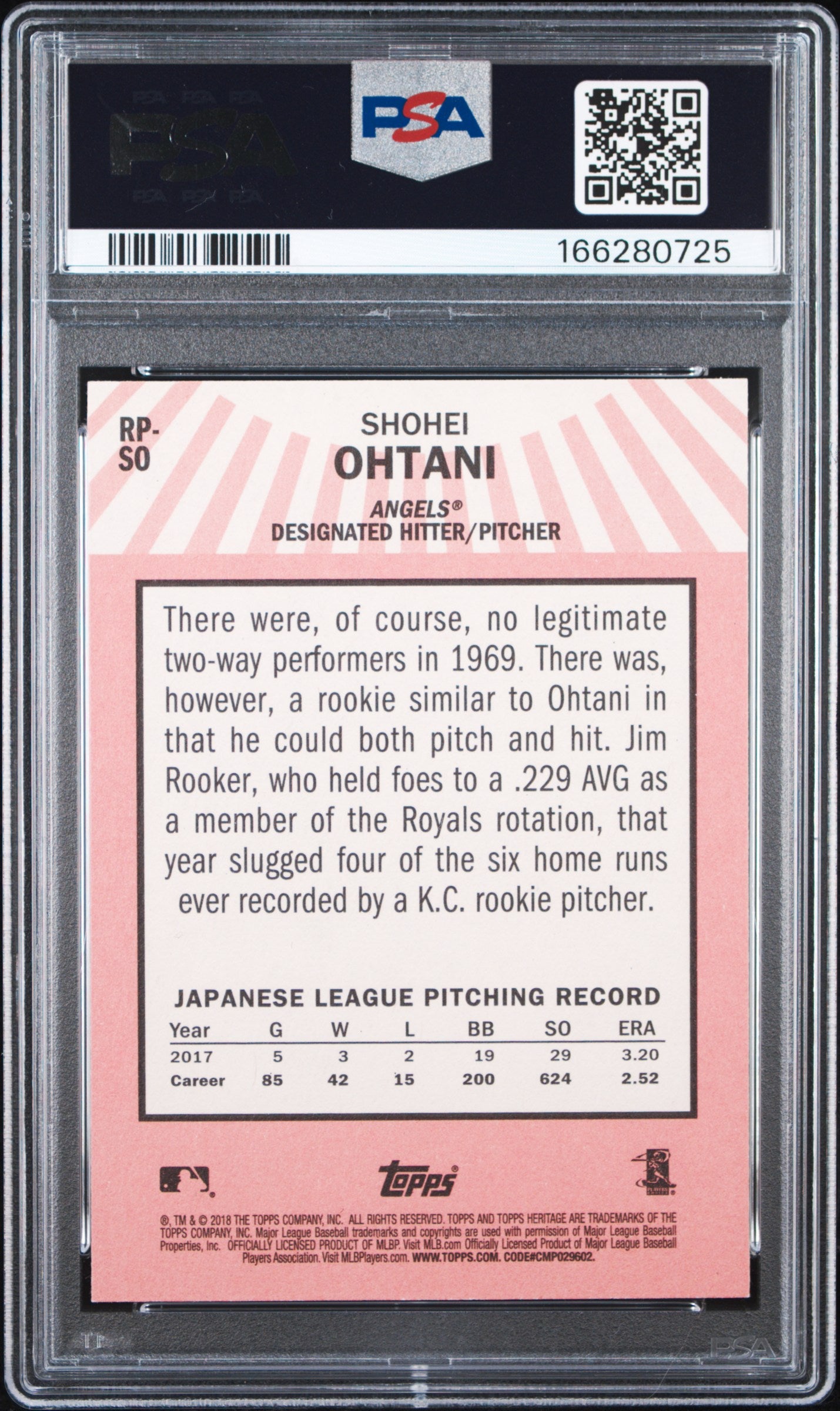 2018 Topps Heritage Rookie Performer #RP-SO Shohei Ohtani PSA 9