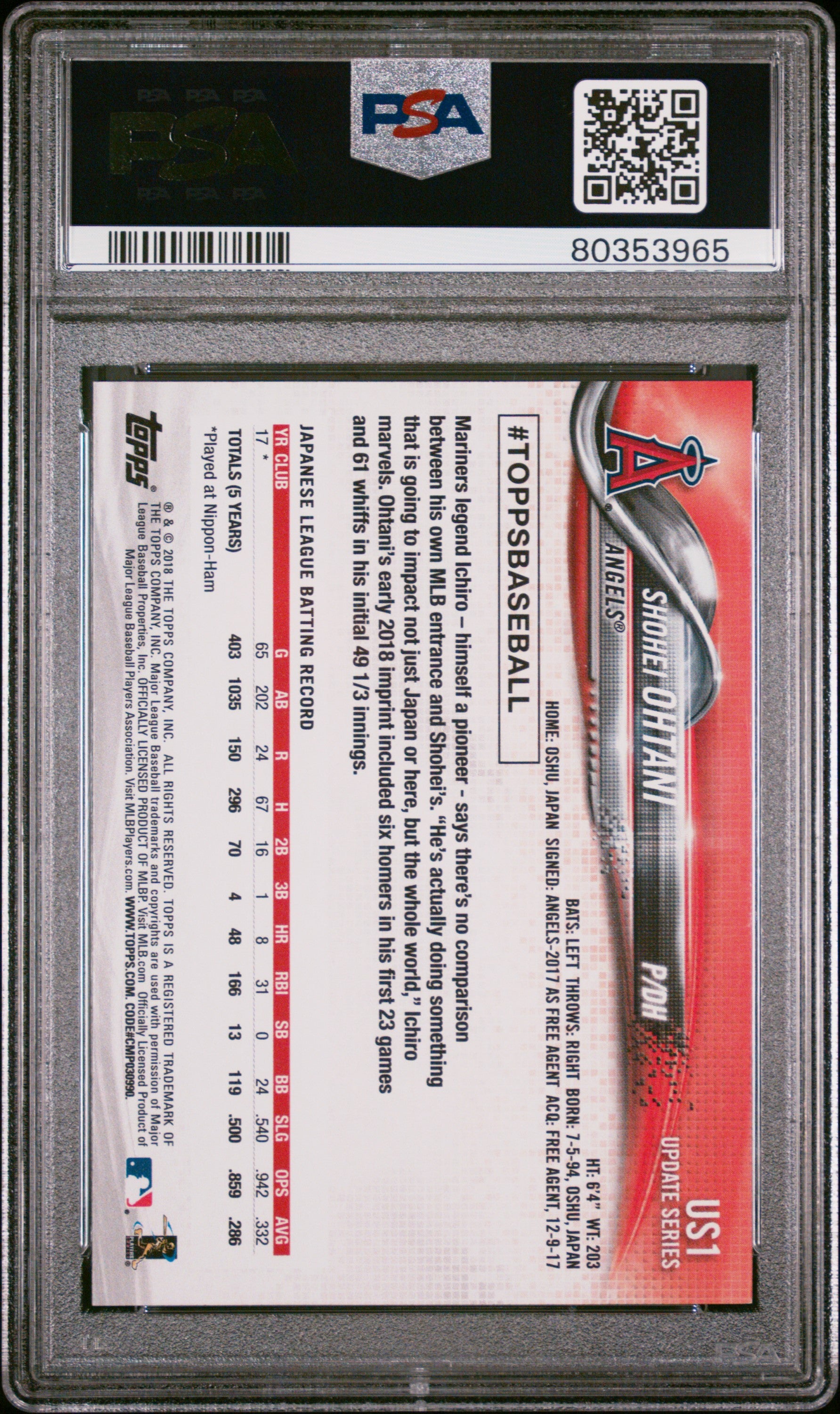 2018 Topps Update Pitching In Red Jersey #US1 Shohei Ohtani PSA 8