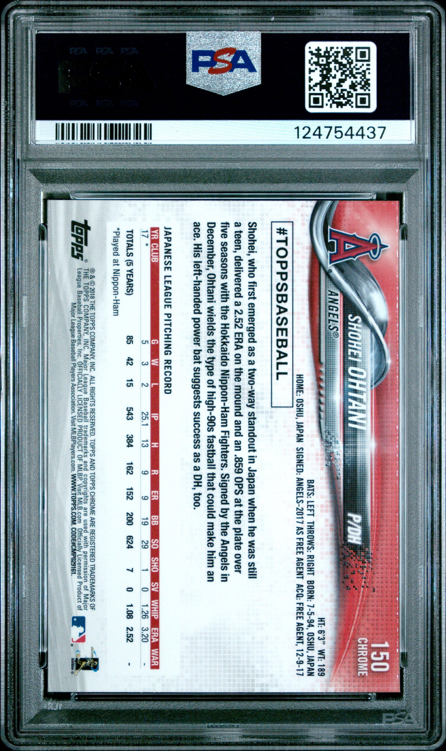2018 Topps Chrome Pitching Prism Refractor Shohei Ohtani #150 PSA 9