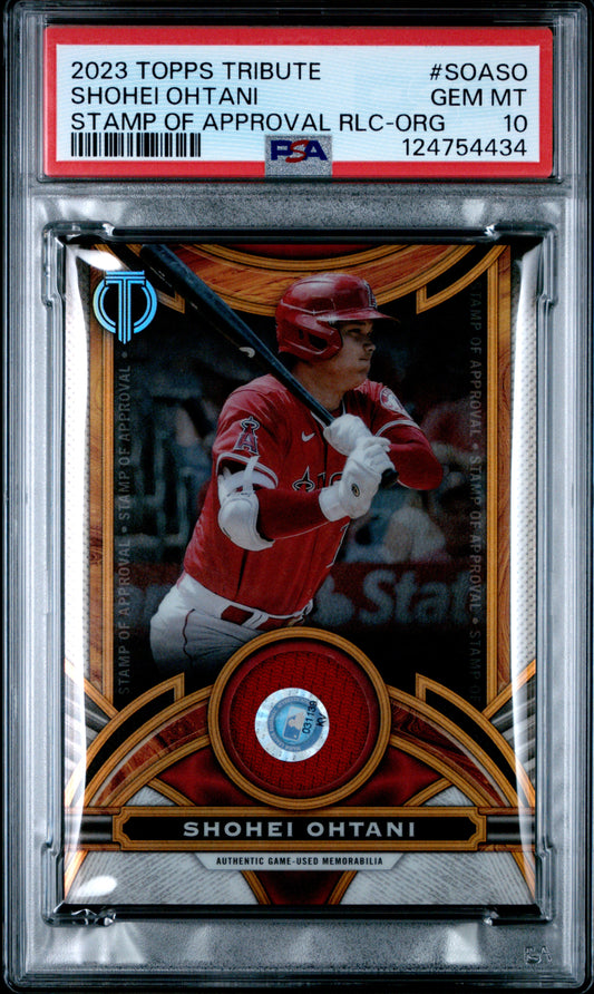 2023 Topps Tribute Stamp Of Approval Orange /25 Shohei Ohtani #SOA-SO PSA 10