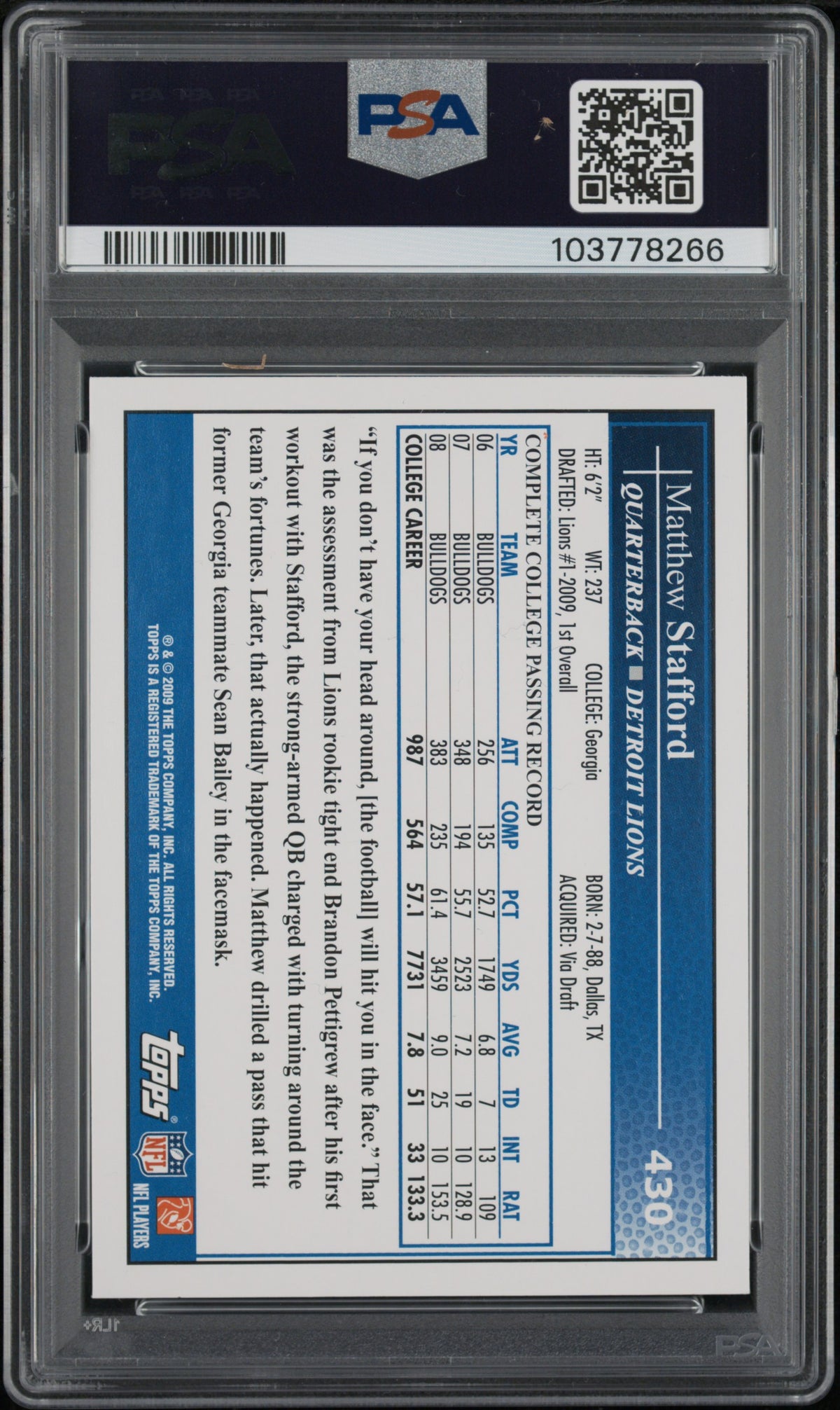 2009 Topps Throwing #430 Matthew Stafford PSA 10