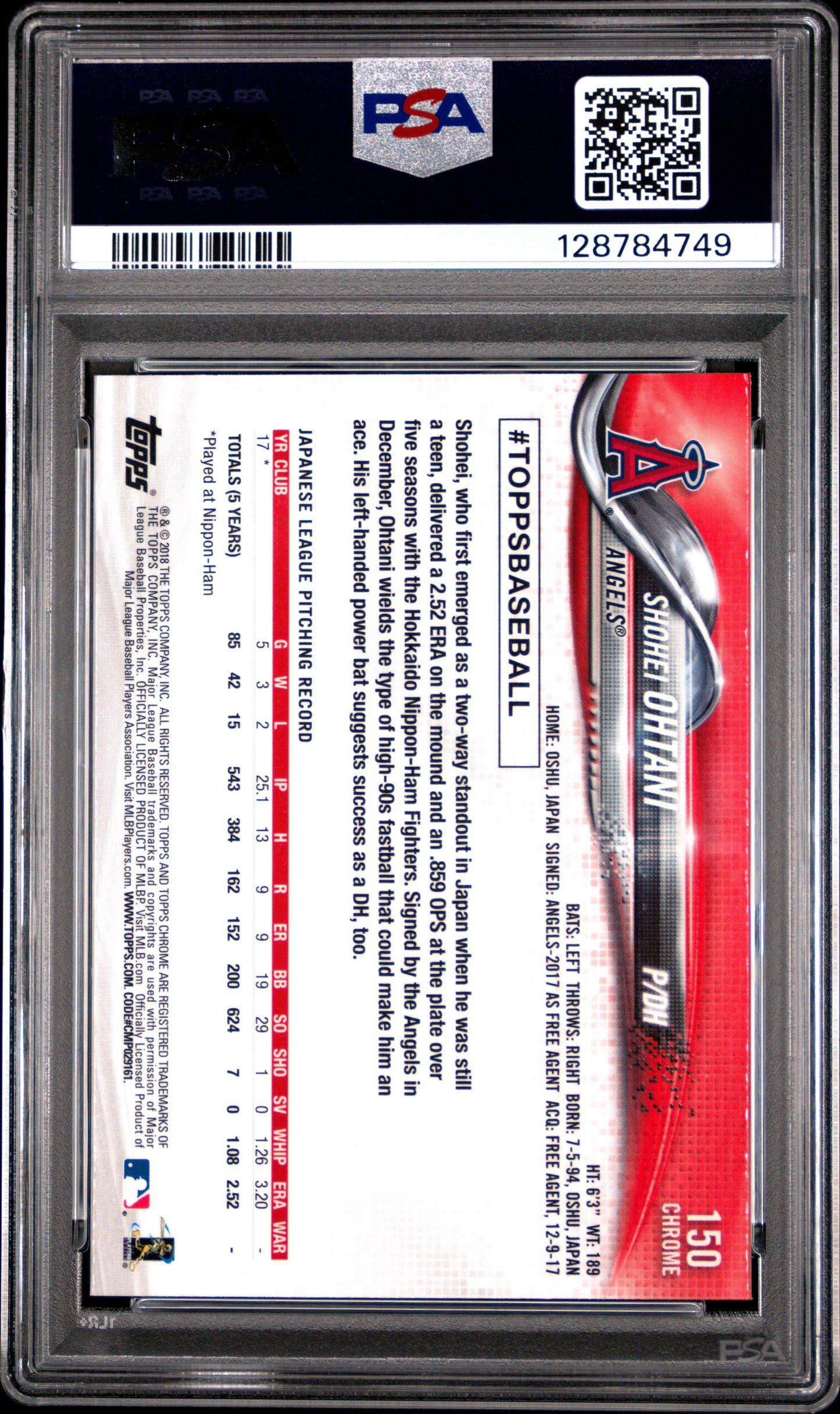 2018 Topps Chrome Pitching #150 Shohei Ohtani PSA 10