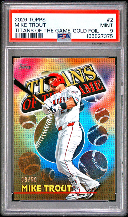 2026 Topps Titans of the Game Gold Foil /50 #2 Mike Trout PSA 9