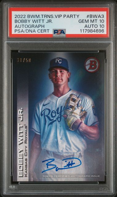 2022 Bowman Transcendent VIP Party Autograph /50 #BWA3 Bobby Witt Jr. PSA 10- Front