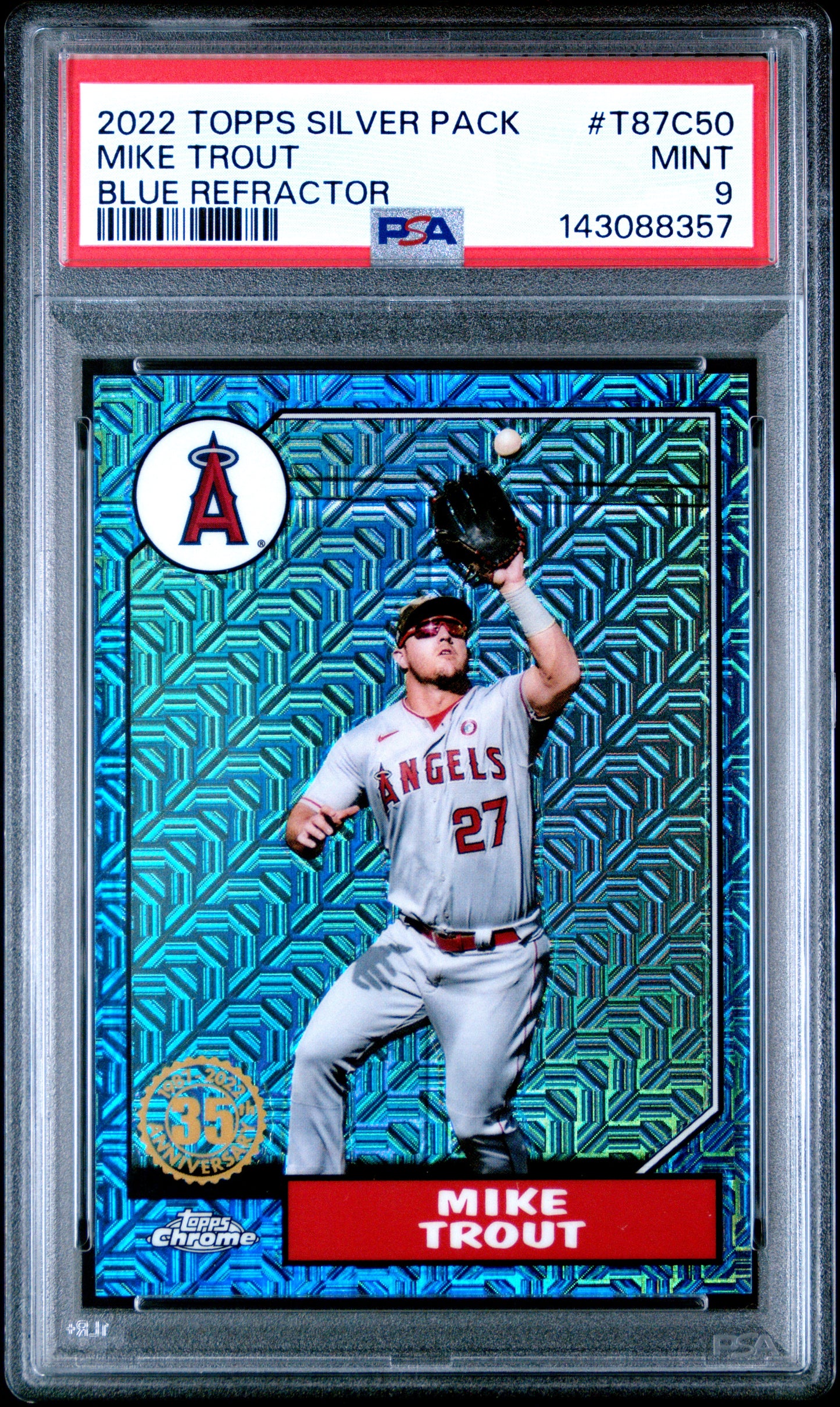2022 Topps Silver Pack Blue Refractor /150 #T87C50 Mike Trout PSA 9
