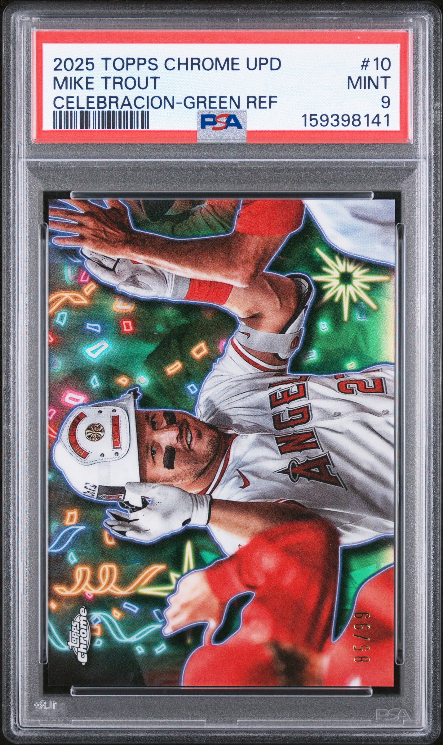2025 Topps Chrome Update Celebracion Green Refractor /99 #CT-10 Mike Trout PSA 9