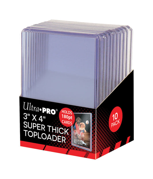 Box of Ultra Pro Super Thick Toploader cards with clear toploaders. holds 180pt cards.