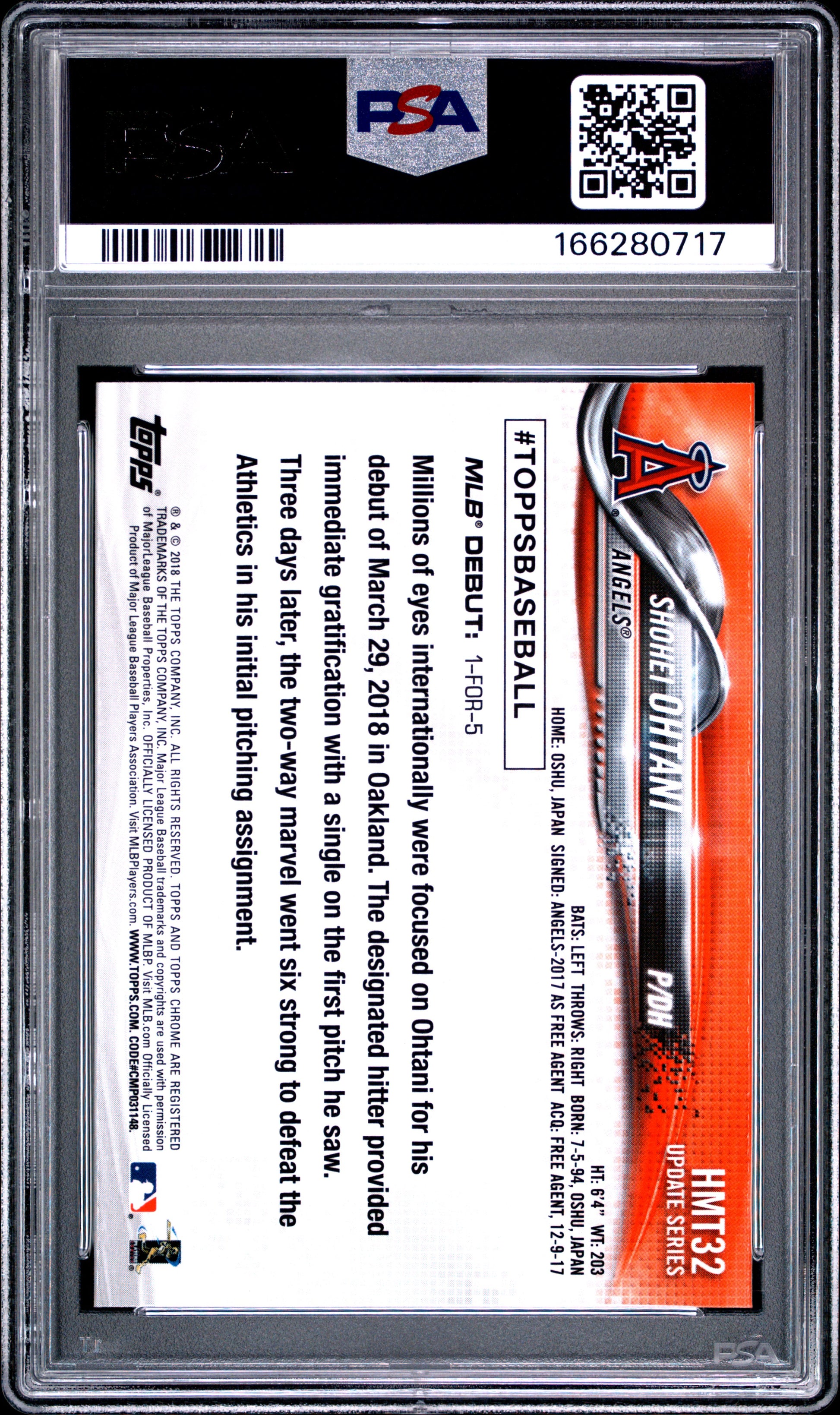 2018 Topps Chrome Update #HMT32 Shohei Ohtani PSA 10