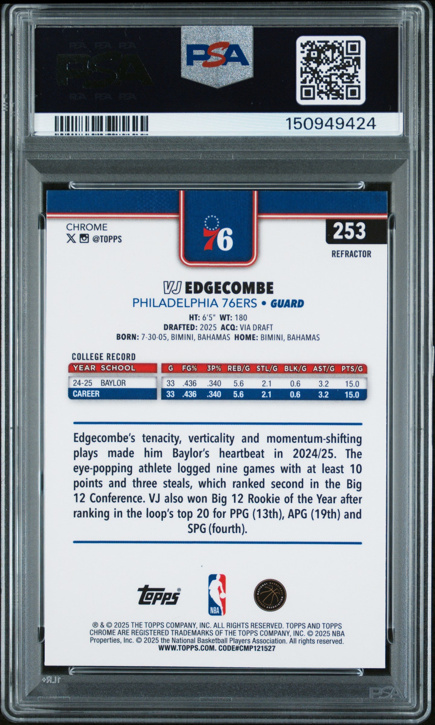 2025 Topps Chrome Refractor #253 VJ Edgecombe PSA 9