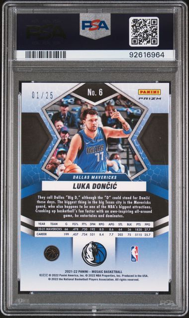 2021 Panini Mosaic Orange Fluorescent /25 #6 Luka Doncic PSA 10 - Back
