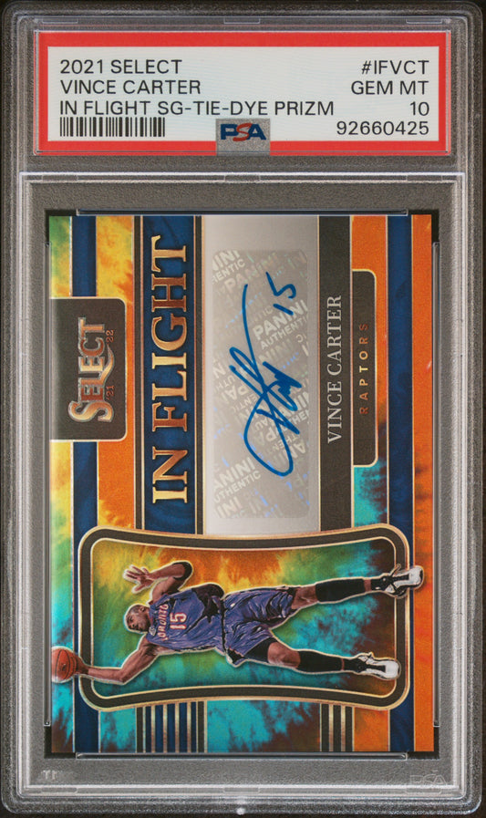 2021 Panini Select In Flight Signatures Tie-Dye Prizm /25 #IFVCT Vince Carter PSA 10