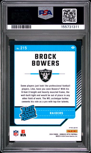 2024 Panini Donruss Optic Purple Shock #215 Brock Bowers PSA 9 - Back