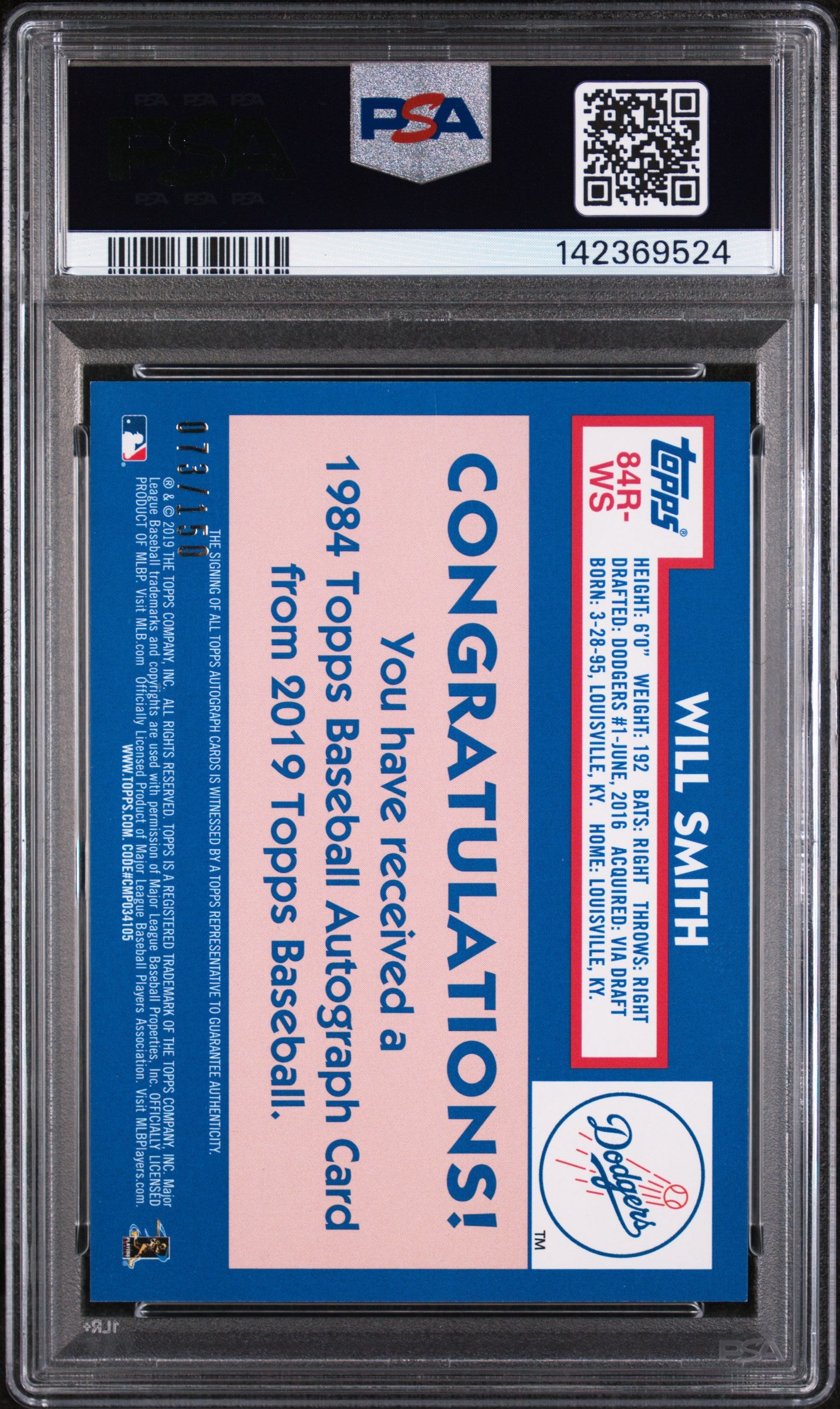 2019 Topps Update 1984 Topps Baseball Autos /150 #84R-WS Will Smith PSA 9