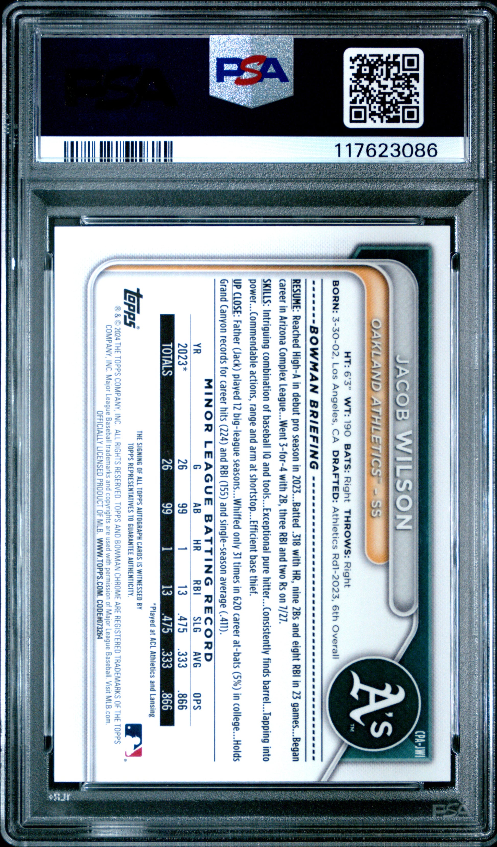 Back side of 2024 Bowman Chrome Prospect Autograph Mini Diamond Refractor #CPA-JWI Jacob Wilson PSA 9