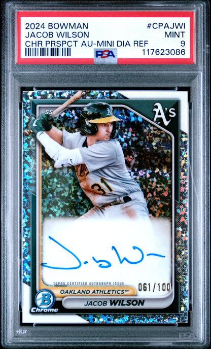 Front side of 2024 Bowman Chrome Prospect Autograph Mini Diamond Refractor #CPA-JWI Jacob Wilson PSA 9