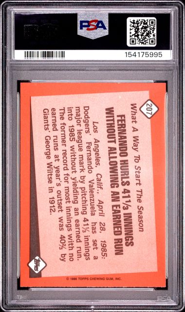 Topps Tiffany #207 Fernando Valenzuela PSA 8 - Back