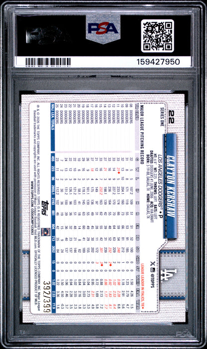 2026 Topps Yellow Rainbow Foil /399 #22 Clayton Kershaw PSA 10