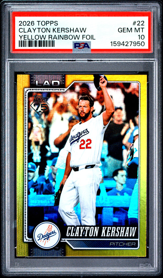 2026 Topps Yellow Rainbow Foil /399 #22 Clayton Kershaw PSA 10