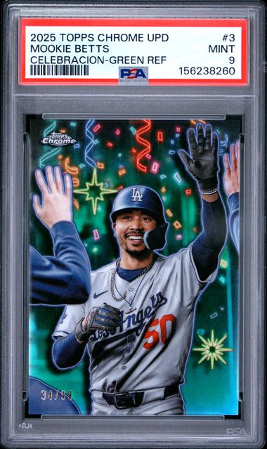 2025 Topps Chrome Update Celebracion Green Refractor /99 #3 Mookie Betts PSA 9 - Front