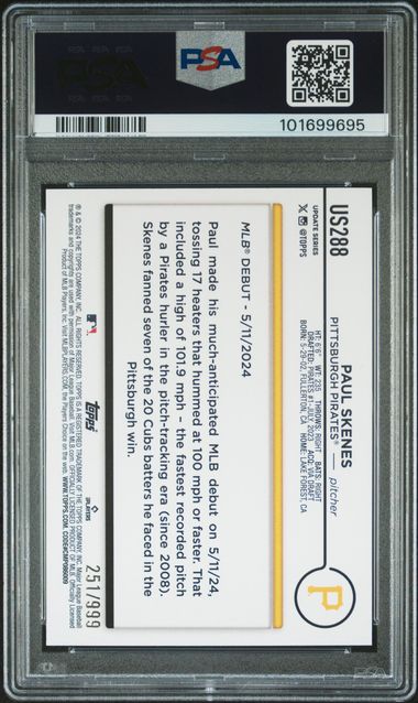 2024 Topps Update Blue Holo Foilboard /999 #US288 Paul Skenes - Back