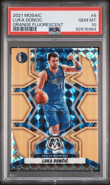 2021 Panini Mosaic Orange Fluorescent /25 #6 Luka Doncic PSA 10 - Front