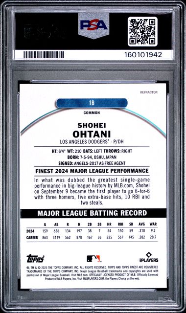 2025 Topps Finest Refractor #16 Shohei Ohtani PSA 10 - Back