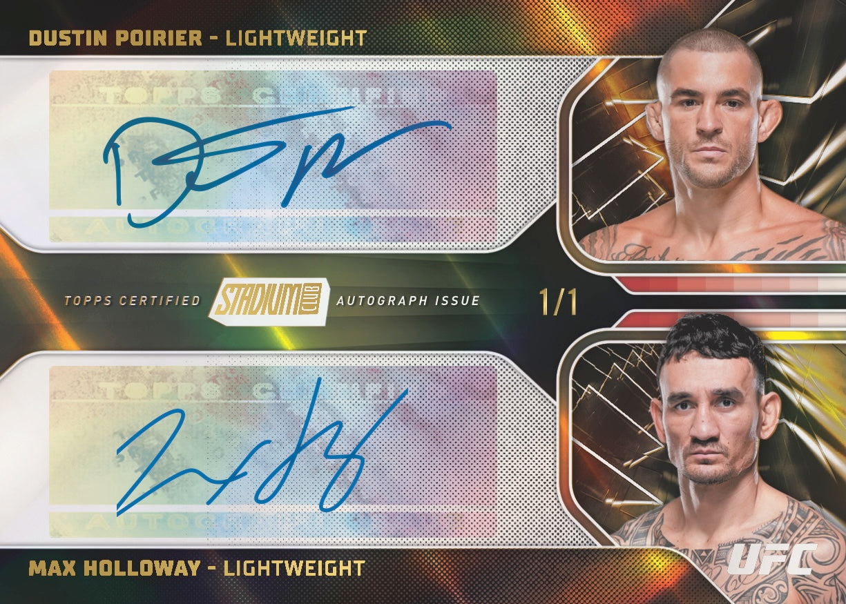 2026 Topps Stadium Club UFC Dustin Poirier and Max Holloway Dual Autographs Gold Rainbow Foilboard Card
