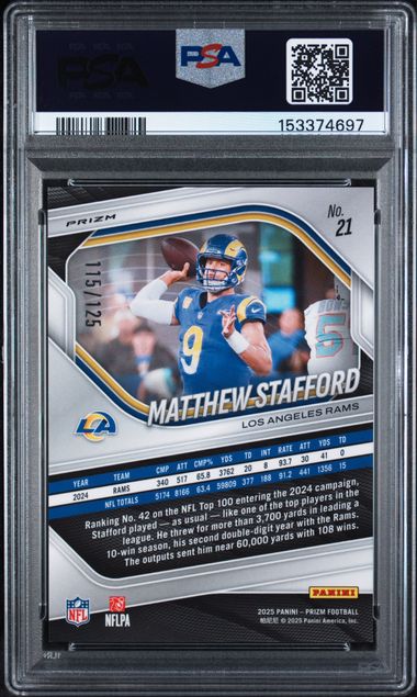 2025 Panini Prizm Purple Prizm /125 #21 Matthew Stafford PSA 10 - Back