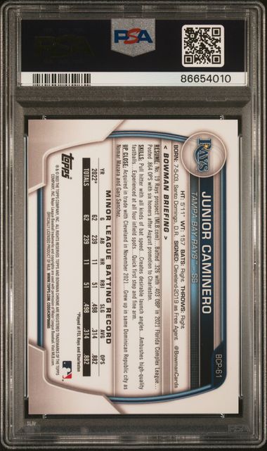 2023 Bowman Chrome Prospects-Lava Refractor /399 #BCP61 Junior Caminero PSA 10 - Back