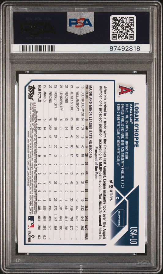 2023 Topps Chrome Update Sapphire Edition Autograph Orange /25 Logan O'Hoppe #USA-LO PSA 10