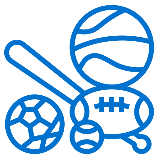 Blue outline of sports equipment including a baseball bat, ball, football, and soccer ball on a white background.