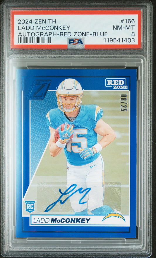 2024 Panini Zenith Autograph Red Zone Blue /25 Ladd McConkey #166 PSA 8