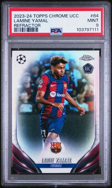 2023-24 Topps Chrome UEFA Club Competitions Refractor #64 Lamine Yamal PSA 9 - Front