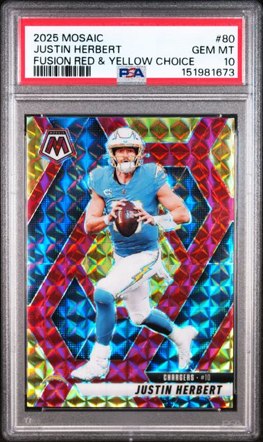 2025 Panini Mosaic Fusion Red & Yellow Choice /89 #80 Justin Herbert PSA 10 - Front