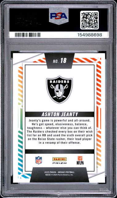 2025 Panini Mosaic Men of Mastery Silver No Huddle #18 Ashton Jeanty PSA 9 - Back