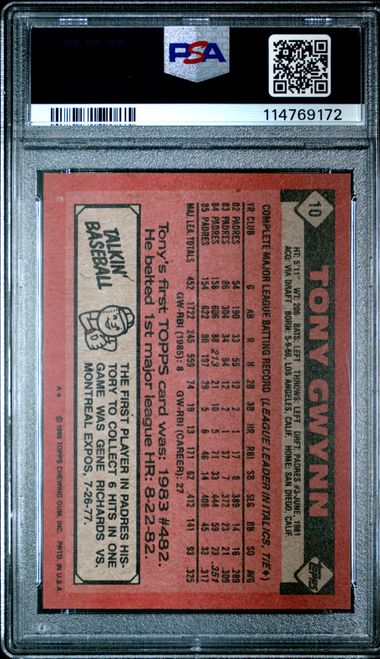 1986 Topps #10 Tony Gwynn PSA 8 - Back
