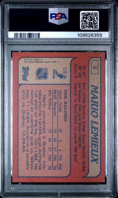 1985 Topps #9 Mario Lemieux PSA 8 - Back