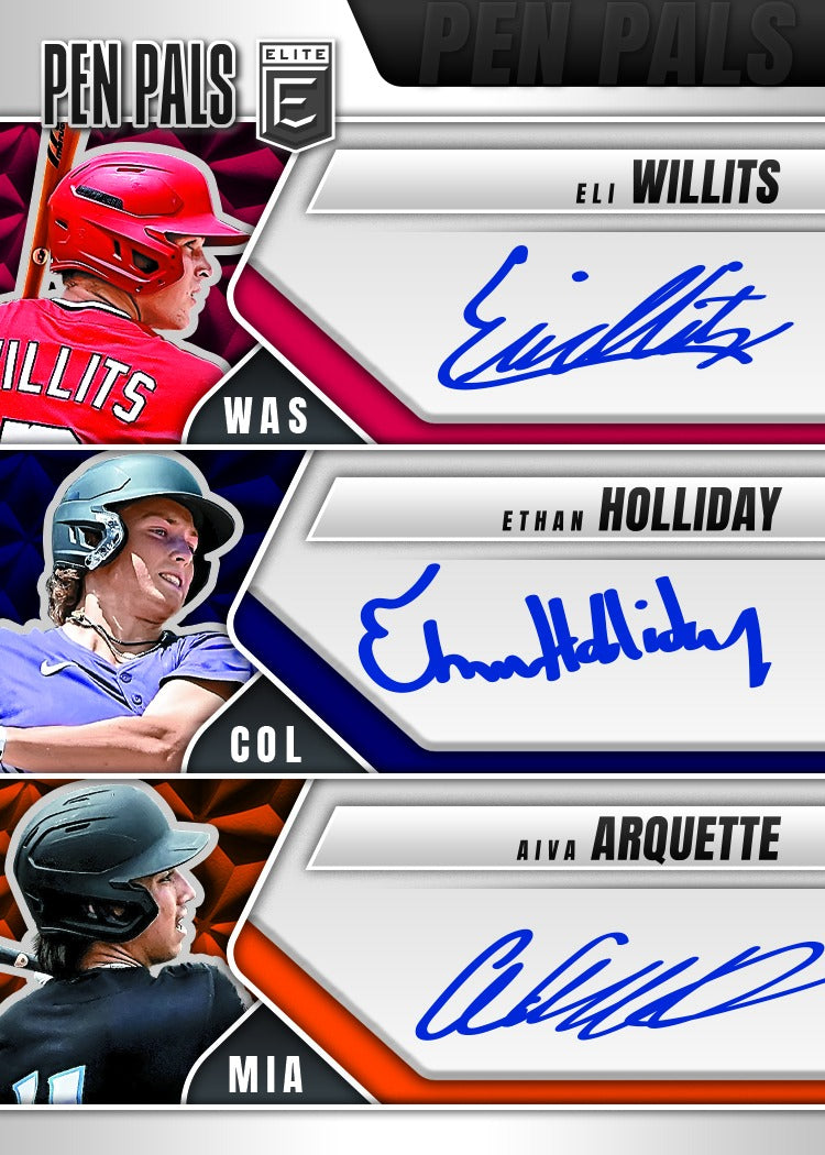 2026 Panini Donruss Elite Baseball Eli Willits, Ethan Holliday, & Aiva Arquette Donruss Elite Pen Pals Triple Autograph Card