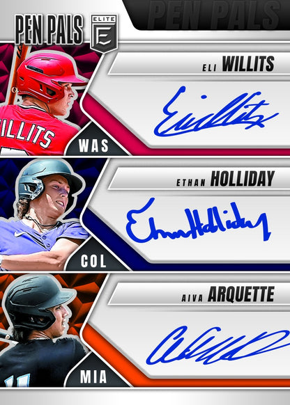 2026 Panini Donruss Elite Baseball Eli Willits, Ethan Holliday, & Aiva Arquette Donruss Elite Pen Pals Triple Autograph Card