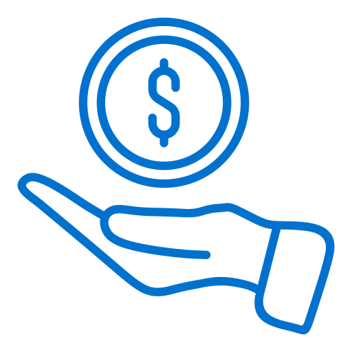 Blue outline of a hand holding a coin with a dollar sign on a white background