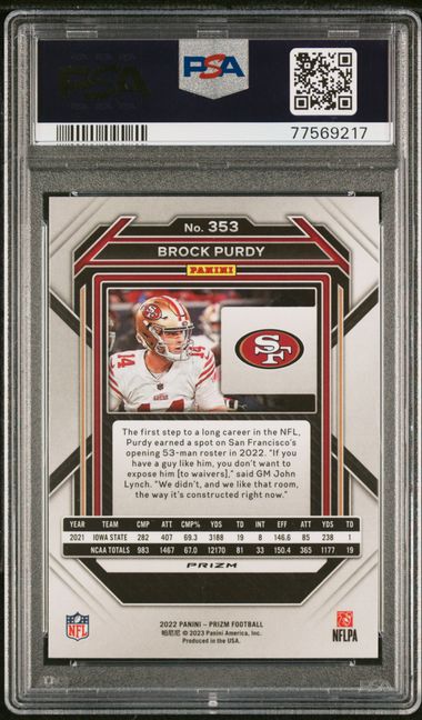 2022 Panini Prizm Silver Prizm #353 Brock Purdy PSA 10 - Back
