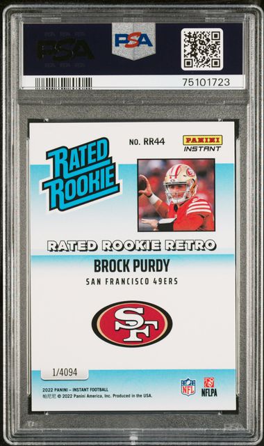 2022 Panini Instant Rated Rookie Retro #RR44 Brock Purdy PSA 10 - Back