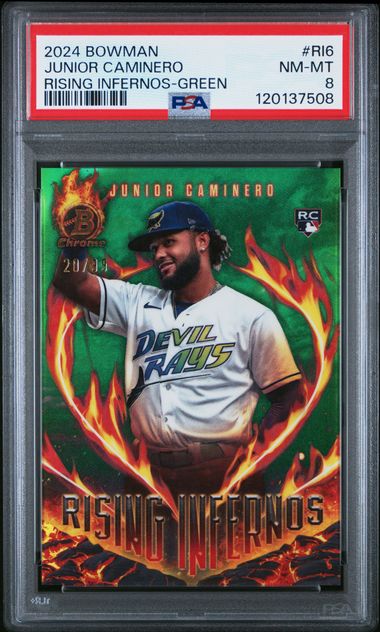 2024 Bowman Rising Infernos Green /99 #RI6 Junior Caminero PSA 8 - Front